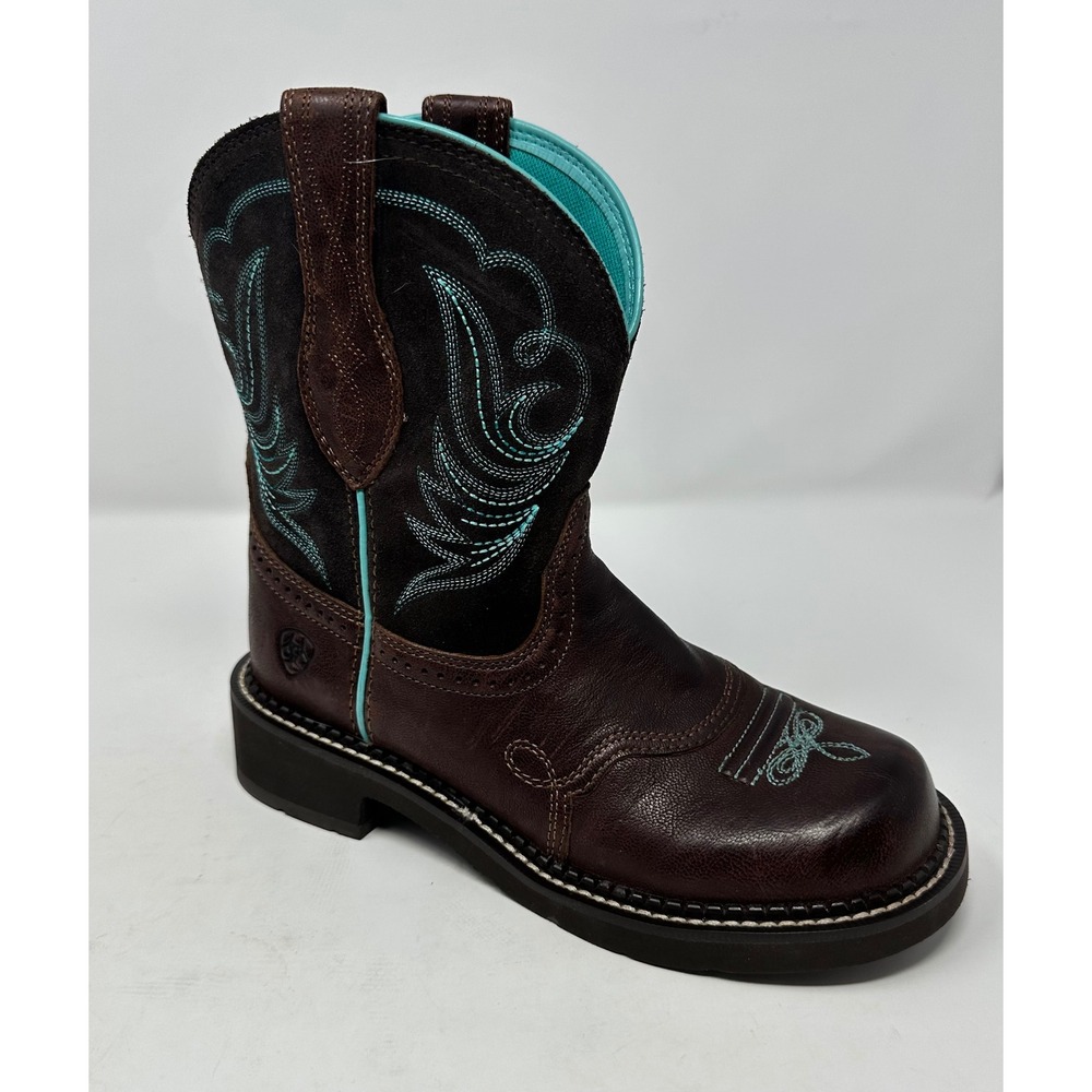 Ariat Brown Leather Western Ankle Boot with Teal Stitching - Picture 9 of 13